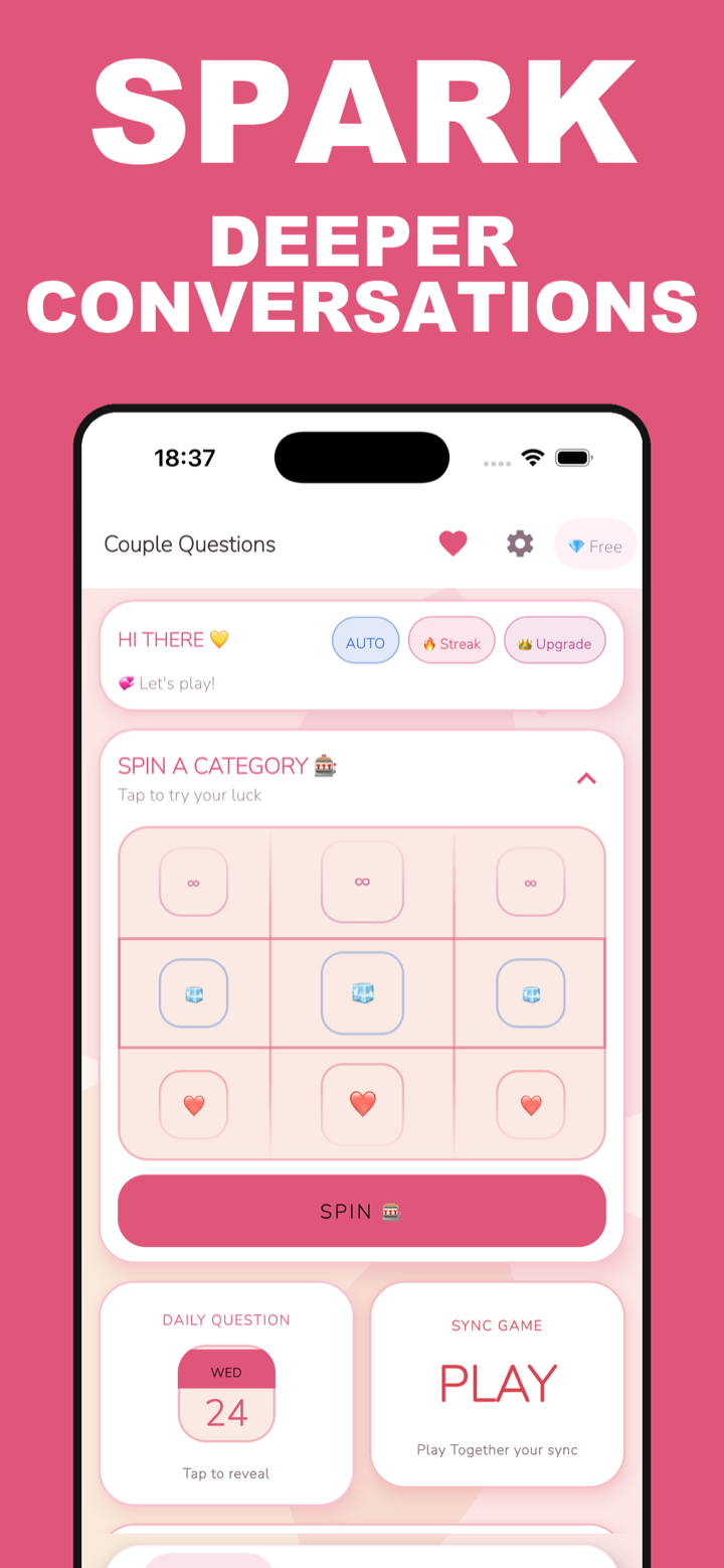 Couple Questions app home screen with spin-a-category and daily question