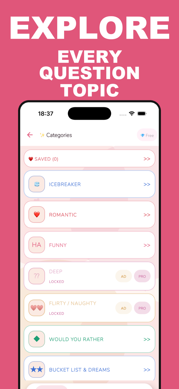 Couple Questions categories — icebreaker, romantic, funny, deep and would you rather
