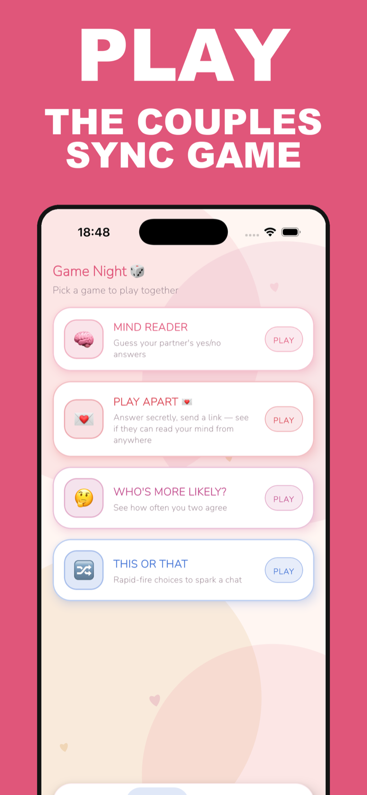 Couple Questions game night — mind reader, play apart, who's more likely and this or that